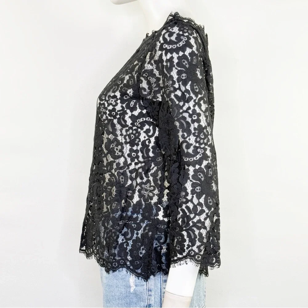 Joie Black Lace Sheer Blouse Top Size S Cocktail Party Whimsigoth Scalloped Hem - Picture 4 of 8